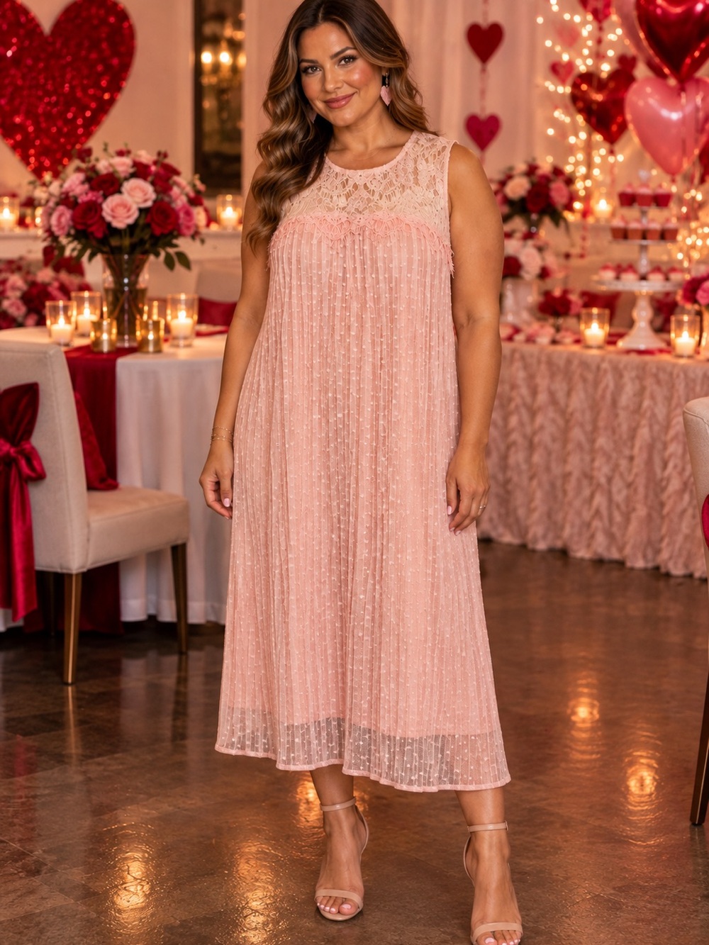 Lane Bryant Blush Pink Lace Yoke Pleated Clip Dot Shift Dress 14/16